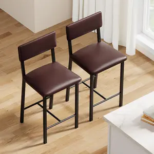 Vintage Black & Dark Brown Bar Stools for Kitchen Island – Set of 2, Counter Height – PU Leather, Thick Cushions, Backrest & Footrest – Sturdy Metal Legs – Easy to Clean – Perfect for Apartments, Dining Rooms, Home Bars, or Bistros