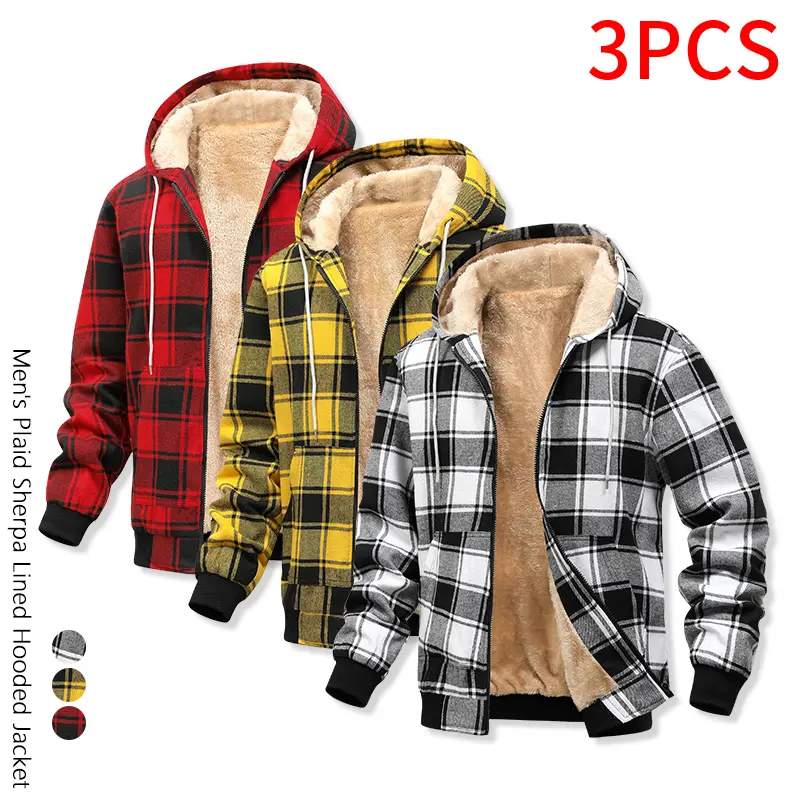 Men's Hooded Zip-Up Checkered Plaid Double Color Sherpa-Lined Loose Bodywarmer Fleece Jacket 3Pcs - Cold-Weather Tops for Short Road Trips, SohoChic Menswear Jackets & Coats, Bodywarmer Men's Fleece Jackets