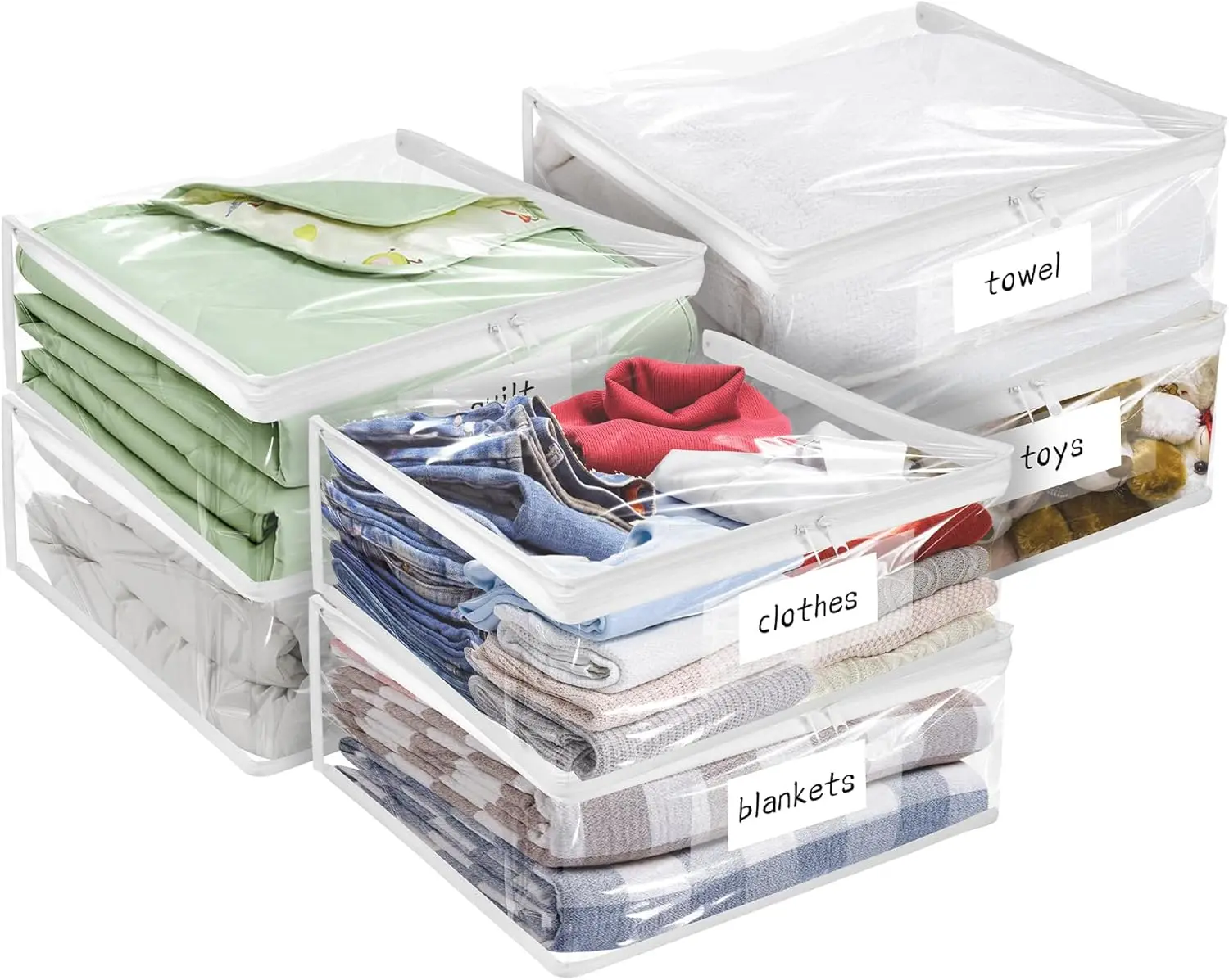 6-pack transparent plastic clothing storage bags with zippers, foldable organizer bags for home use, for storing clothes and quilts