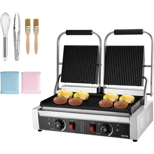 Spring new arrivals Commercial Panini Grill, 3600W Electric Sandwich Panini Maker, Stainless Steel Double Sandwichs Press with Handle and Temp Control, 19x9 in Full Grooved Enamel Plate, for Hamburger Steak Bacon