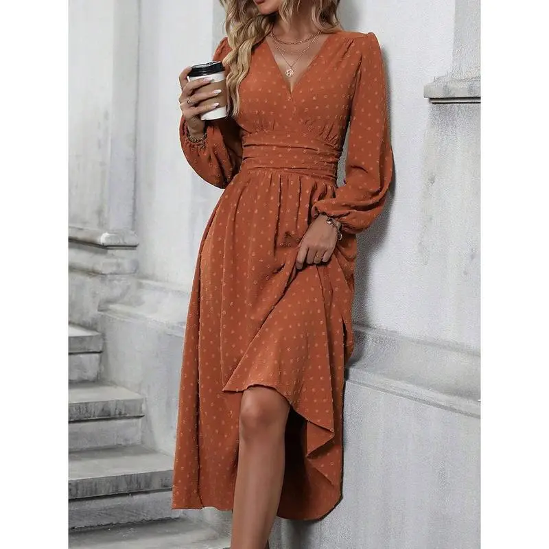 Swiss Dot Surplice Neck Lantern Sleeve Ruched Waist Dress Maxi Women Outfit Can be used with a raincoat