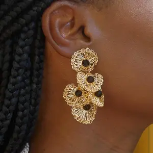 Multilayered onyx crochet shell earrings - Long gold earrings with black onyx beads