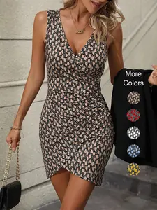 Women's Spring Summer Geometric Print Ruched Sleeveless Dress, Casual Classy Dress, Slim Fit Side Faux Button Design, Party High-End Short Skirt