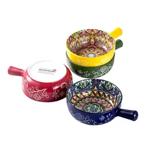 4pcs 18 oz Soup Bowls with Handle, Porcelain French Onion Soup Bowl Set of 4, Ceramic Colorful Crocks for Pasta, Beef Stews, Cereal, Bohemian, Microwave & Oven Safe