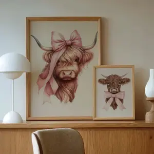 2pcs/set Bowknot Canvas Wall Art, Highland Cow Theme Decorative Painting, Waterproof Fabric Poster for Bedroom/living Room/dormitory