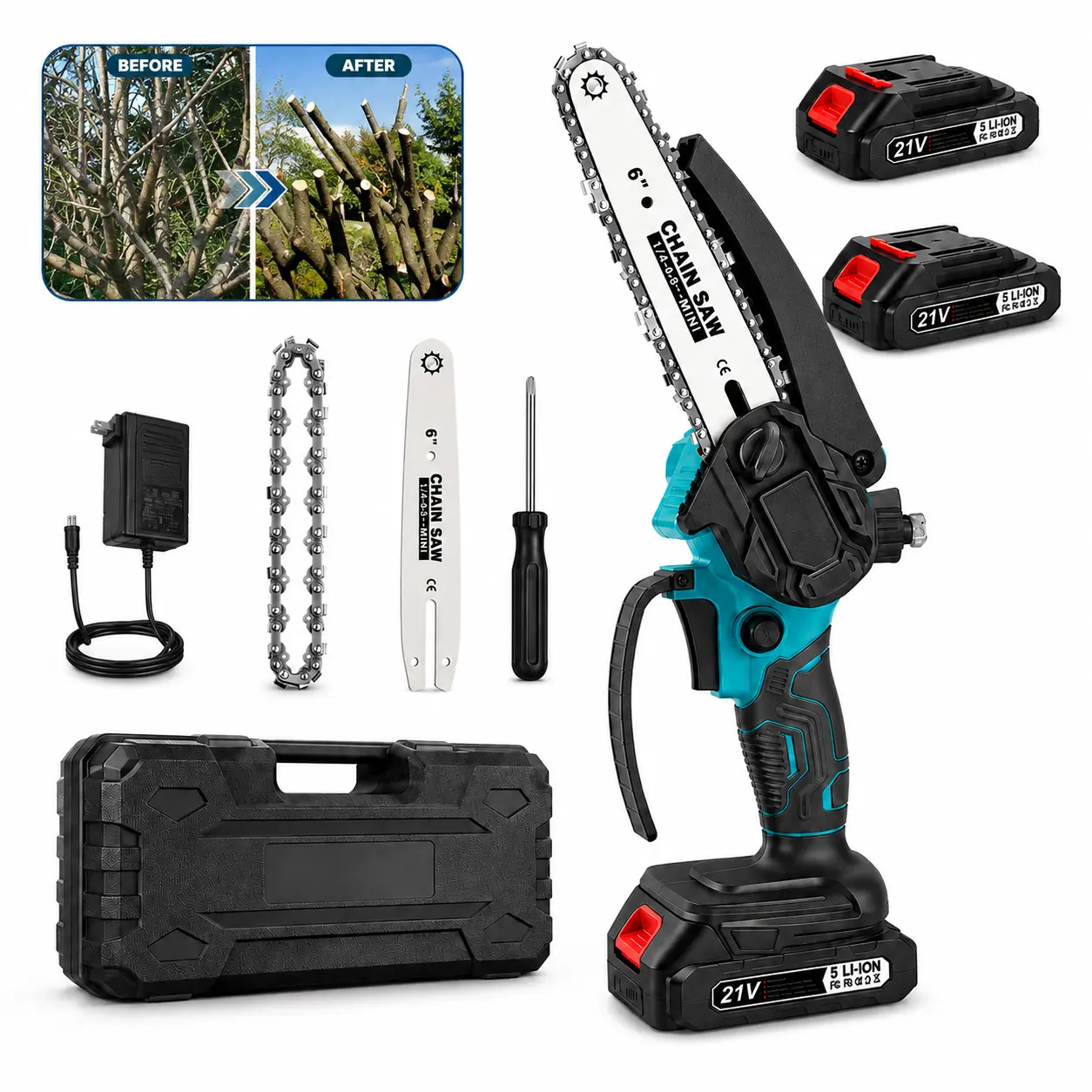 Mini Chainsaw Cordless,6 Inch Portable Electric Chainsaw with 2 Batterys/Automatic Oiler/Security Lock/Powered Small Handheld Saw for Trees Branches Trimming,Gifts for Father Men Dad Husband
