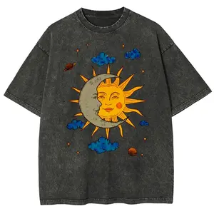 valentine shirts Men's Moon and Sun Printed T-shirt Oversized Short Sleeved Retro Washed Shirt Summer Top