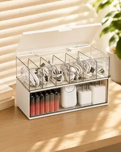 2-Tier Clear Desktop Cable Organizer Box with 6 Compartments and Drawer for Chargers, Cables, Small Accessories