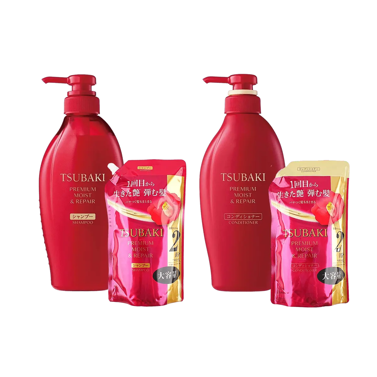 Tsubaki Red Camellia Shampoo & Conditioner Set - Salon Quality Hydration & Repair (Full Size 450ml*2 + Refill 600ml*2)