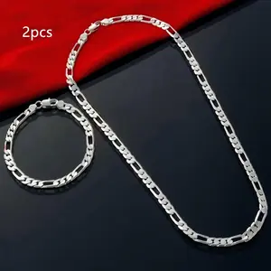 Elegant 925 Sterling silver plated 4mm Triple Figaro Cuban Link Chain Necklace - Hypoallergenic, Tarnish-Resistant, Ideal For Parties & Gifts, Versatile Accessory|Stylish Cuban Link|Durable Chain Design
