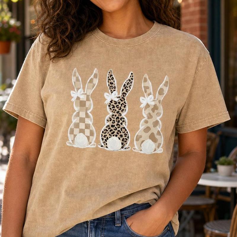 Women's Easter Bunny Graphic T-Shirt - Casual Short-Sleeve Crew Neck Drop-Shoulder Top with Leopard, Checkered, Cow Prints for Streetwear, Casual Wear