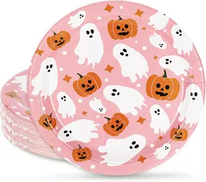 Pink Halloween Paper Plates 9 Inch Cute Ghost Pumpkin Design for Spooky Party Decorations