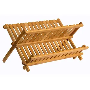 Wooden Dish Drying Rack Collapsible Compact Dish Rack Bamboo Dish Drainer 14 Slots Rectangle Shape Beech Wood Tone Free Standing Multipurpose Waterproof 4318