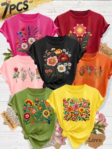 7Pcs Women's Crew Neck T-Shirts, Round Neck, Vintage Floral Series Print, Multiple Colors Available, Machine Washable, Spring & Summer Tops, Soft Skin-Friendly Fabric, Daily Versatile, Casual, Fashion Design, Womenswear