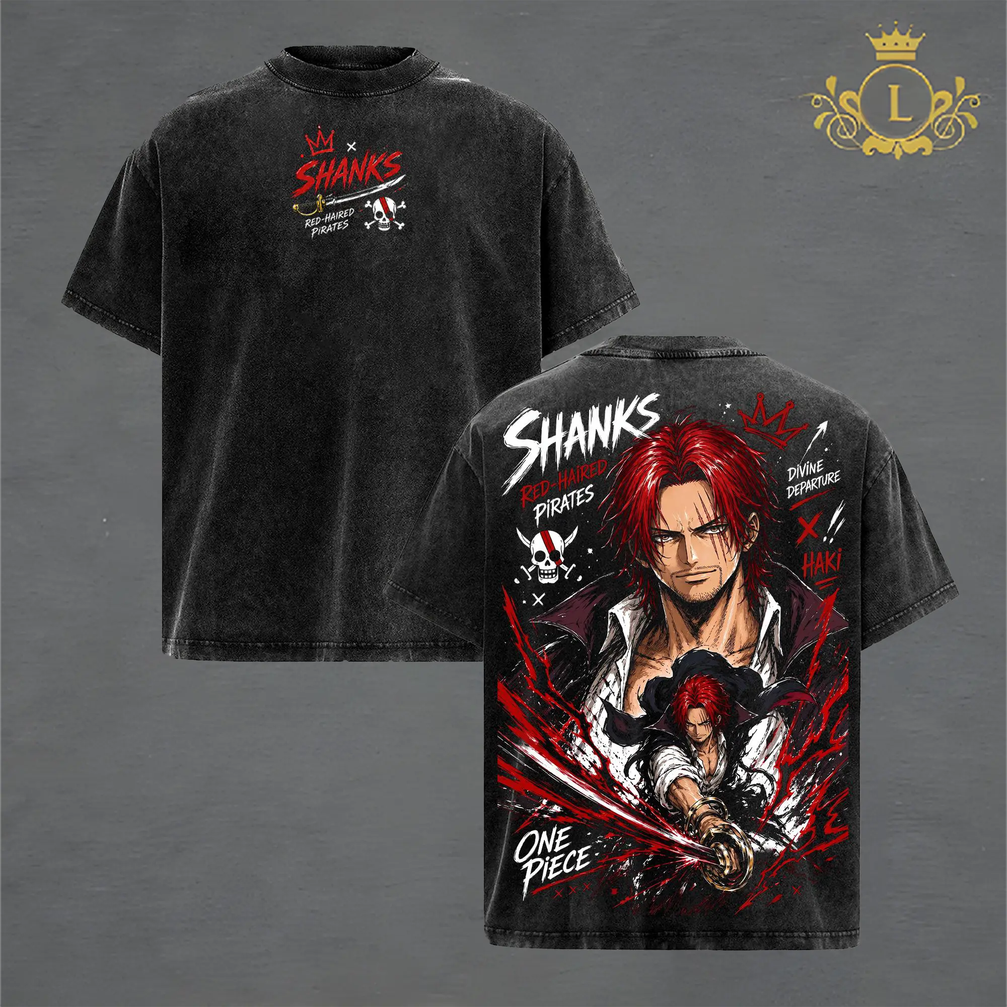Shanks One Piece Red-Haired Pirates Haki Divine Departure Vintage Washed Oversized Anime Graphic Tee Streetwear Shirt.