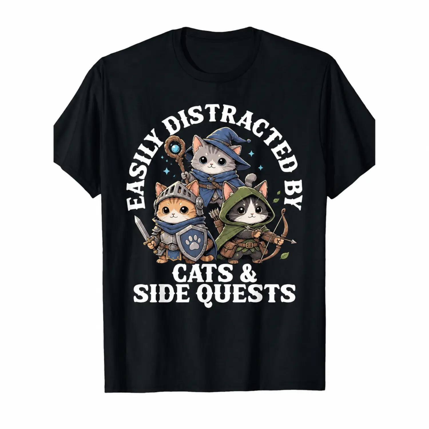Unisex Casual Black Graphic Tee Featuring Playful Cats and Side Quest Theme for Gaming Enthusiasts