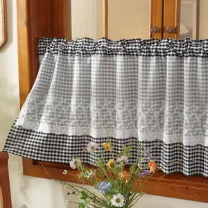 1panel American Checkered Lace Embroidery Semi-Transparent Curtain, Rod Pocket Hanging, Ideal for Dining Room, Kitchen, Balcony, Bedroom, Garden