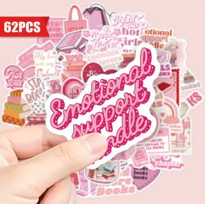 62pcs Pink Book Lover Stickers for Kindle Laptop Journals with Emotional Support and Hot Girl Talent Designs