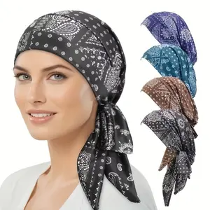 4Pcs Elegant Women's Paisley Bandana Headscarf Cap Set - Hair Protection Turban with Tie Strap, Muslim Under Cap, Perfect for Stylish Wear Gift-Giving