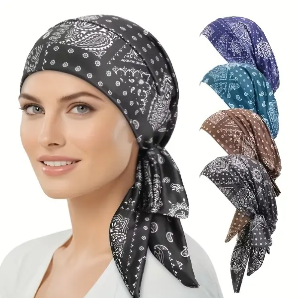4Pcs Headscarf Cap Set for Women, Convertible Bandana Turban for Boho Hair, Adjustable Pre-Tied Under Cap for Hair Protection