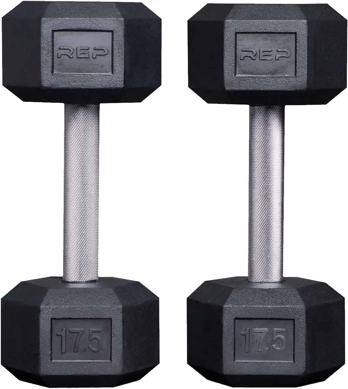 Rubber Hex Dumbbell(s) - Singles (55LB +) and Pairs (5LB - 50LB) - Low Odor, Fully Knurled Handle