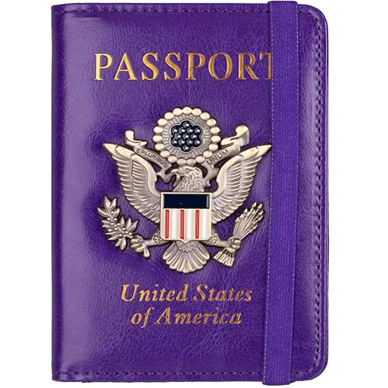 Unisex RFID Blocking Faux Leather Passport Holder - 4.3"w x 6.7"l x 0.4"d, Compact, Lightweight, Anti-Tear, Waterproof Travel Document Cover Wallet with 3D Metal Badge, Buckle, Family Luggage Accessory (Purple)