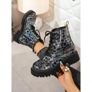 Women’s fall–winter fashion boots, round toe thick sole waterproof leather outdoor boots, lightweight comfortable classic versatile colorful work boots, lace-up boot