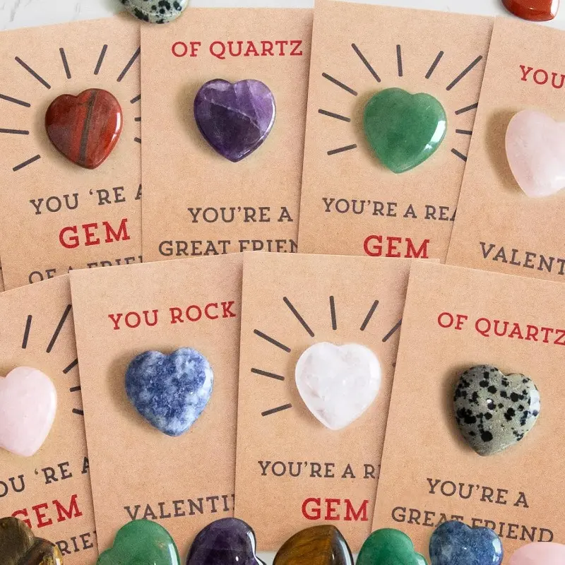 Kids Valentine Classroom Gift Exchange Kit - 24 Preprinted Cards & 24 Heart-Shaped Gems for DIY Mix and Match, Create Unique Party Favors Assortment for School Activities, Boys & Girls