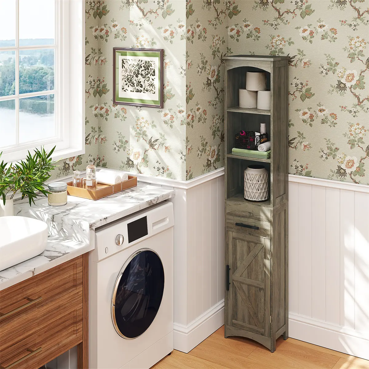 Narrow Floor Wall Storage Cabinet - 3 Drawers, Adjustable Shelves, Suitable for Bathroom, Living Room, Wall Bathroom Cabinet