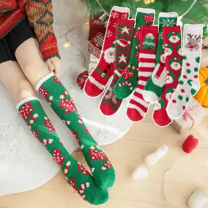 Women's Christmas Coral Fleece Floor Socks Fleece Lined Thickened Holiday Gift Socks with Cute Reindeer Snowman Print Over-the-Knee Warm Socks for Fall Winter