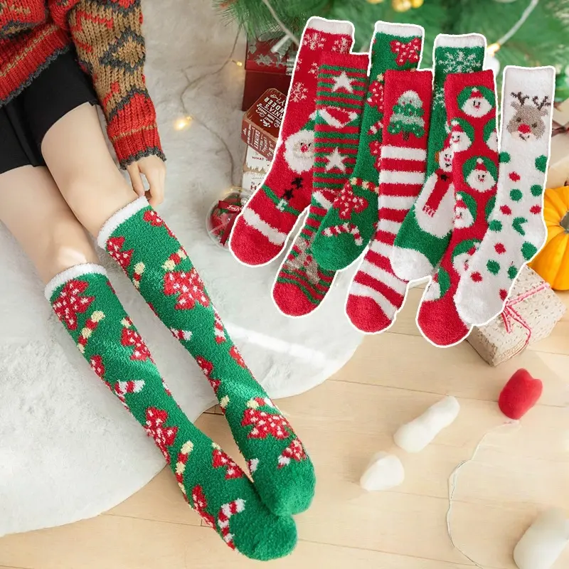 Women's Christmas Coral Fleece Floor Socks Fleece Lined Thickened Holiday Gift Socks with Cute Reindeer Snowman Print Over-the-Knee Warm Socks for Fall Winter