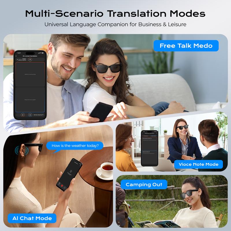 Smart Bluetooth Glasses with Camera, 1080p Video Recording Wearable Glasses, Multifunctional Wireless Audio Glasses with Headphone, Outdoor Sports Camera Sunglasses with Intelligent Voice Assistant, Anti-blue Light Protection Eyeglass