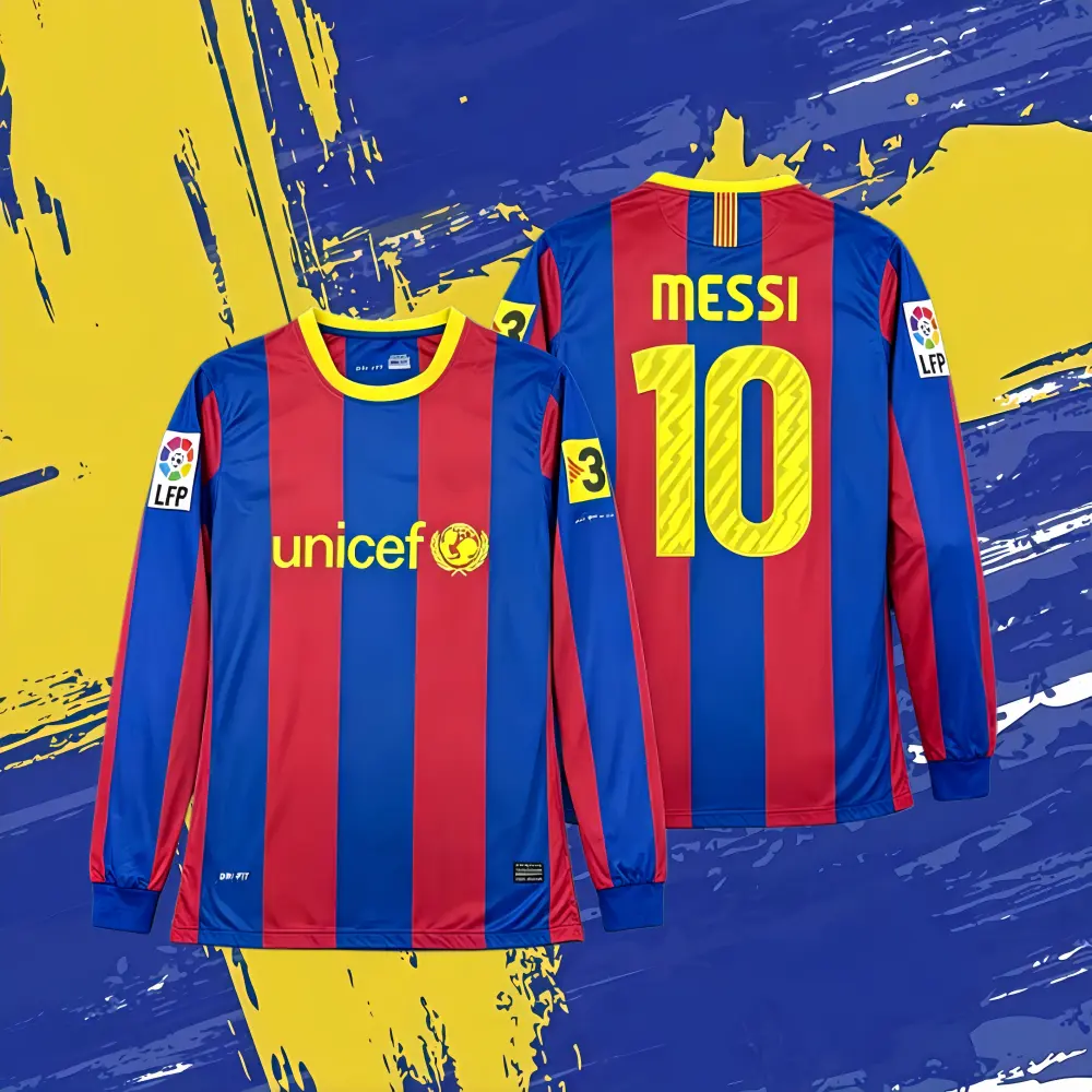10-11 Season Home Red and Blue Messi #10 Long-Sleeve Retro Jersey