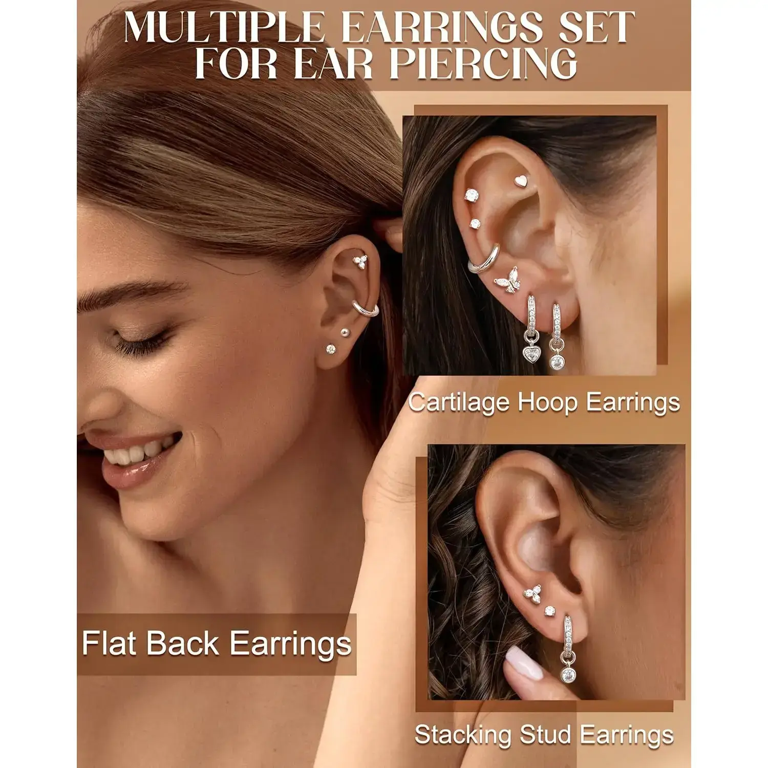 Ladies' earrings, 316L stainless steel flat back earrings, gold and silver ring stud earrings, hypoallergenic, suitable for multiple punctures Ladies' earrings, 316L stainless steel flat back earrings, gold and silver ring stud earrings, hypoallergenic, suitable for multiple punctures