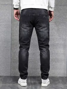 Men's Elastic Slim Fit Jeans, Gothic Y2K Style, Casual Sporty College Look, Distressed Button Fly, Young Streetwear Business Fashion