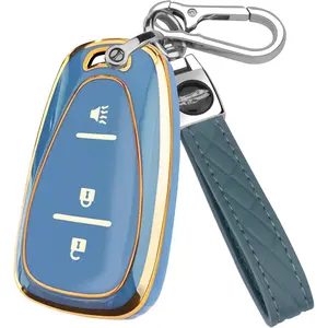 for Chevy Key Fob Cover with Keychain,Soft TPU Key Case Shell Full Protection for Chevy Equinox Sonic Spark Traverse Trailblazer Trax Malibu Camaro Cruze Blazer Holder (Blue, 3 Button)
