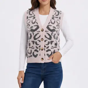 Winnim Women's V Neck Pink Leopard Knit Sweater Vest Sleeveless Soft Casual Cheetah Print Button Cardigan Trendy Tank Tops