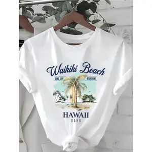 Tropical and Dreamy T - Shirt: "Waikiki Beach - Sand, Surf & Sunshine" with Hawaiian Landscape