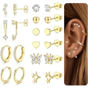 CASSICEA Sterling Silver Earrings for Women Hypoallergenic Earrings for Multiple Piercing Dainty 14K Gold-plated Plated Stud Hoop Earring Sets Small Silver Earring Stacks Piercing Jewelry, Studs Earrings, Cute Earring Stacks Summervibes