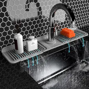 Kitchen Sink Silicone Folding Faucet Mat, 24 Inch Splash Guard, 6° Slope Water Draining Mat, Bathroom Sink Protector, Sink Accessories for Kitchen Household Items Cleaners,Gray Silicone Fasten Button Mat, Water Flow Control for Kitchen and Bath