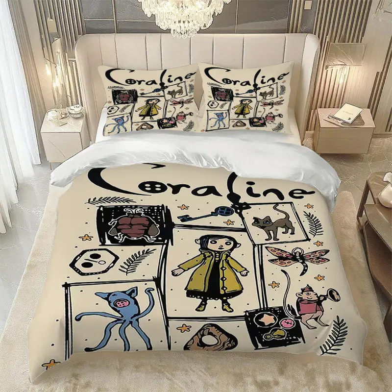 3pcs C-coraline Comic  Theme Bedding Set, Light Base, Vintage Fun Fantasy Dark Style, 1 Fitted Sheet + 2 Pillowcases, Soft