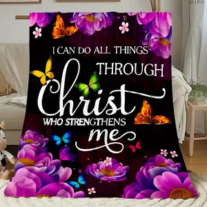 [JOOCAR] Luxury Christian Flannel Blanket Faith Through Christ with I Can Do All Things Through Christ Bible Verse (Philippians 413), Deep Purple FloralButterflies Design Church, Home, Gift Available, Faithbased Decor, Home Decor, Church Decor,
