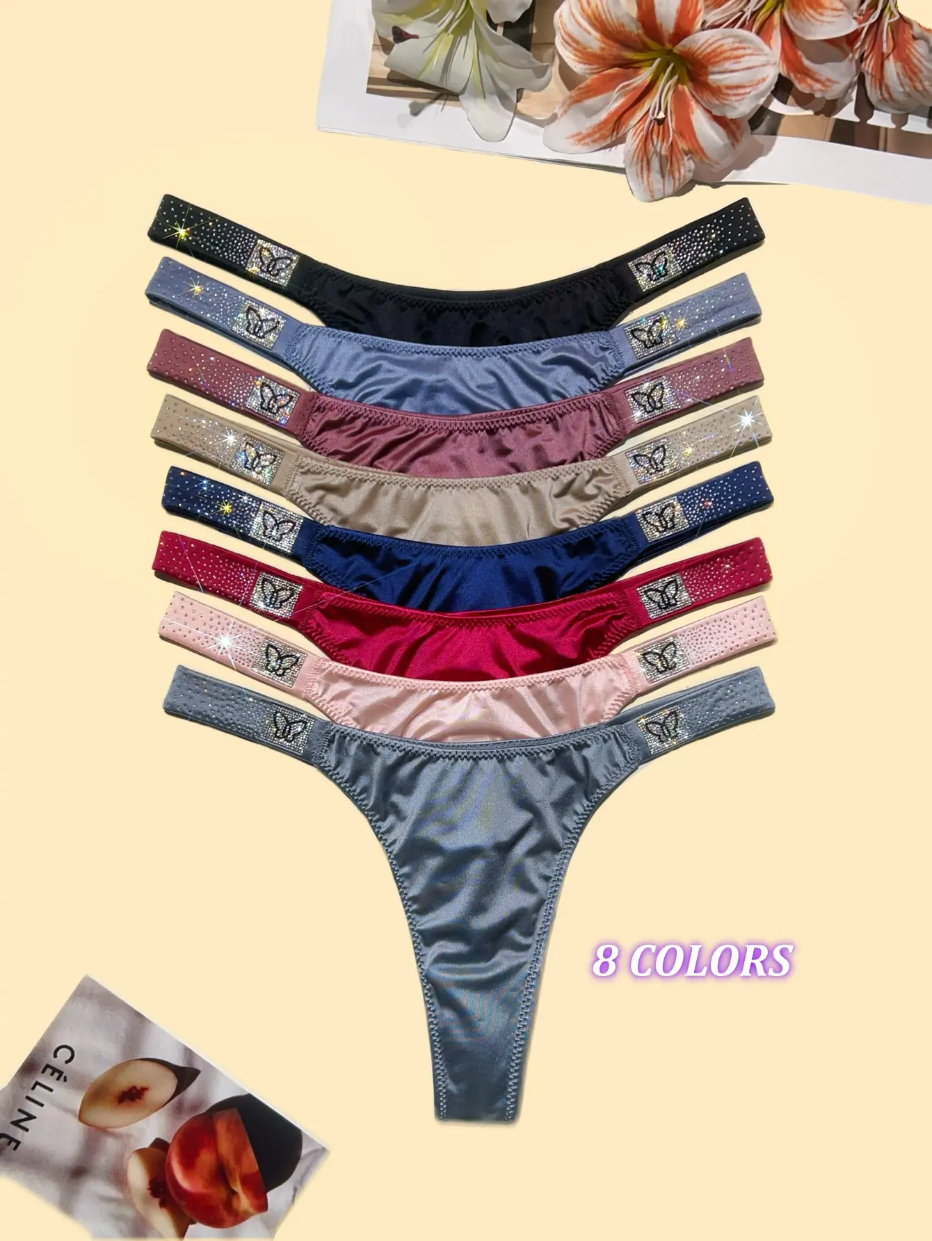 4 PACKS Thong with Rhinestone Meteor Side Straps – Elegant Satin G-String, Sparkling Bands (8 colours), hexagram & butterfly , soft,Nylon+Spandex+Cotton high quality and fresh underwear，panties,  made by Spandex and nylon, and four-season multi-pack