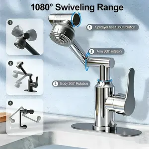 360° Rotating Bathroom Faucet Hot Cold Basin Mixer Tap Flexible Robotic Arm Sink Faucet Multi-Angle Adjustable Wash Basin Tap Splash Proof Bathroom Sink Faucet for Face Washing Hair Washing Cleaning Sink