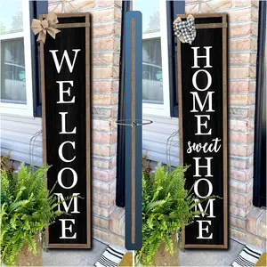Outdoor Welcome Sign for Front Porch Standing Large 2 Sided 45"X9" Wooden Frame Tall Vertical Leaner Long Home Sweet Home Front Door Sign for Rustic Outside Farmhouse Modern Decor ( Black)