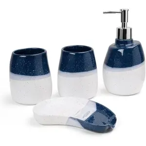 Ceramic Bathroom Accessories Set of 4 Gradient White and Blue Washing Set 2 Gargle Cups,1 Soap Dishes,1 Lotion Dispenser Ideas Home Gift for Ware Home Decor