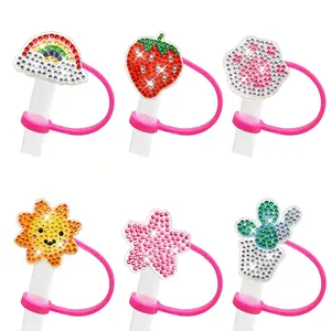 Rainbow Strawberry Flower Design DIY Diamond Paint Straw Cap, 6 Counts/set DIY Diamond Art Painting Reusable Straw Sleeve Cap, Decorative Straw Caps for Party, Straw Spout Lid