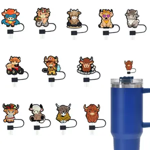 12 Piece Highland Cow Straw Caps, Fits Stanley Cup 30 & 40 Oz Glass Tumbler Cups, Cute 10 Mm Silicone Straw Covers, Straw Toppers, Durable Reusable Design