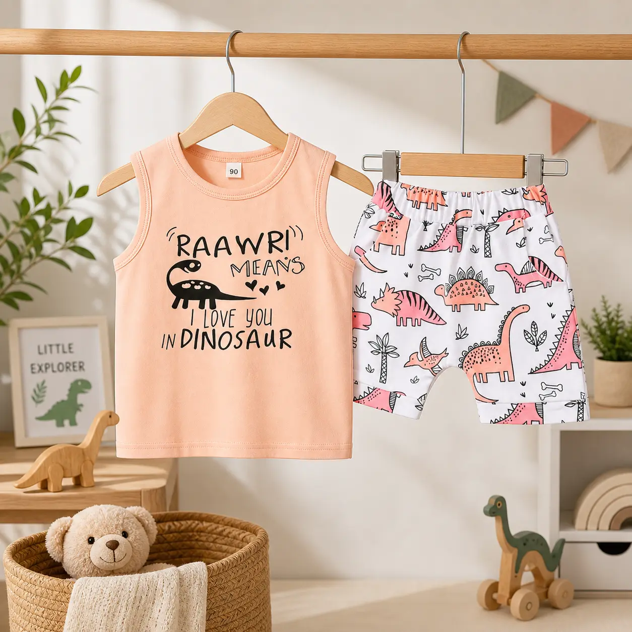 Little Girl’s 2-Piece Casual Play Vest & Shorts Set - Soft Cotton, Safe Materials, Cartoon Print Sleeveless Top, Dinosaur Plant Print Short Pants, European Look