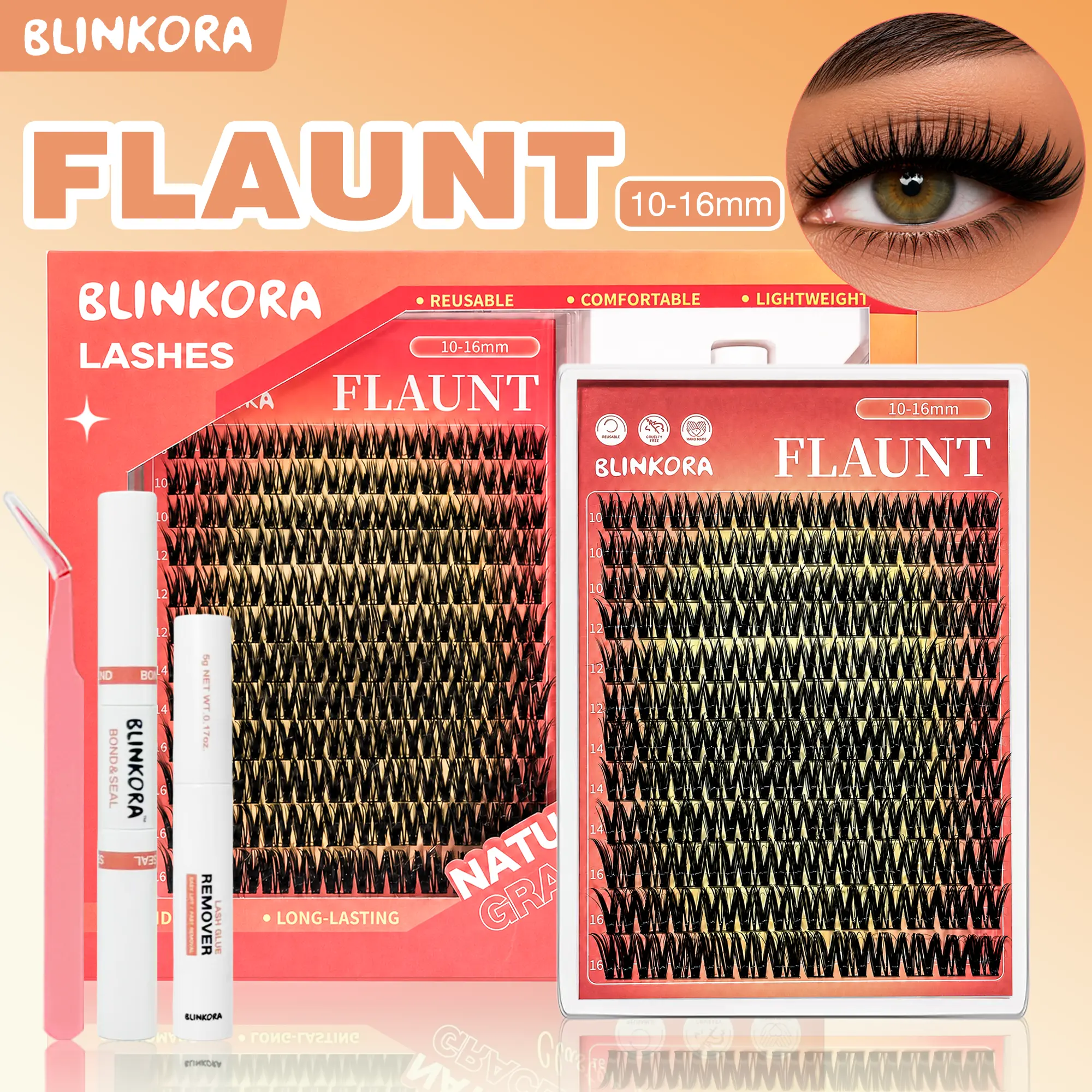 Blinkora Flaunt Lash Clusters, Ultra-Dense, Natural Daily, Airy Cute, DIY Makeup Cluster Lashes, Natural Volume Ultra-Dense Super-Soft Waterproof Eyelash Extensions, Long-Lasting, with Free Glue, Remover & Applicator, Eyelashes Extensions, Volume Lashes